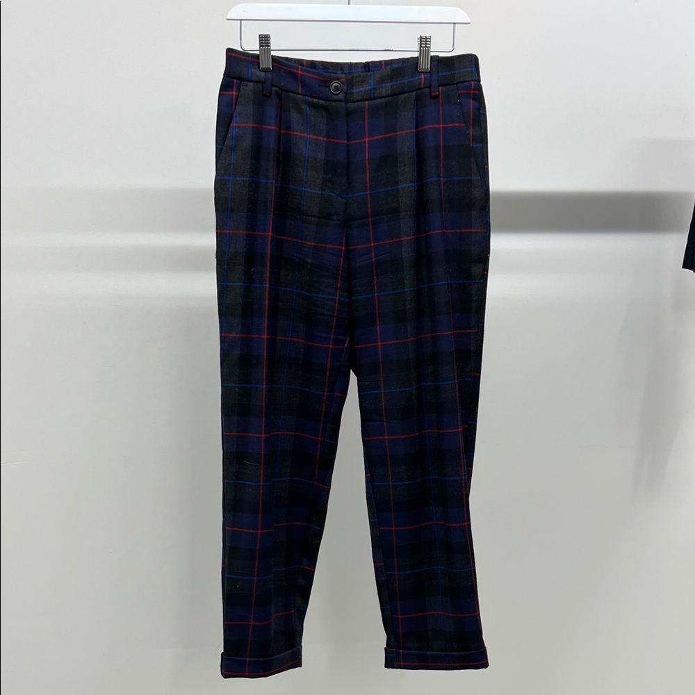 Momoni Navy Wool Plaid Trousers